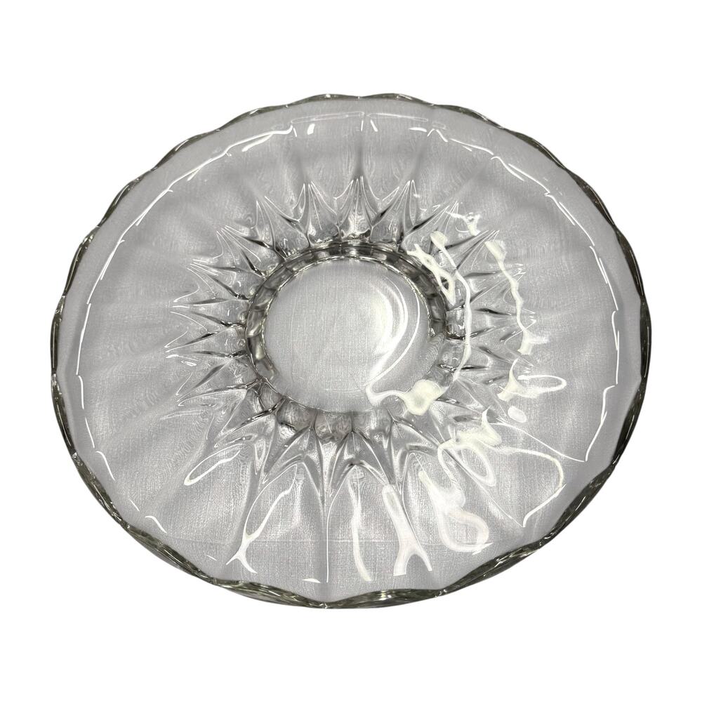 Clear Pressed Glass Sunburst Serving Bowl 11in Scalloped Crimped Edge